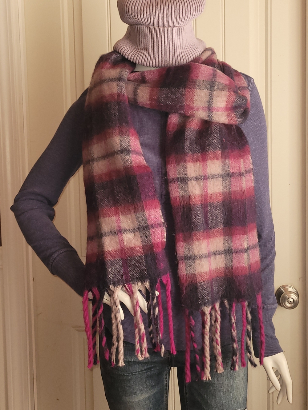 GAP Fuzzy Plaid Fringe Scarf in Pinks And Purples